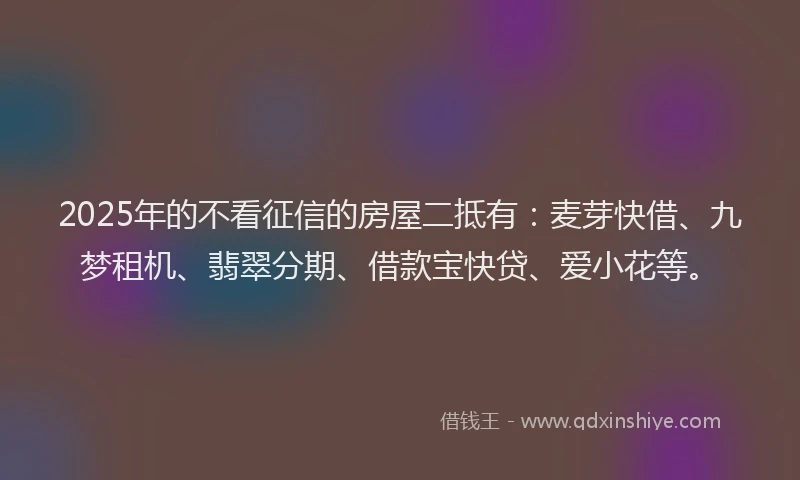 2025年的不看征信的房屋二抵有：麦芽快借、九梦租机、翡翠分期、借款宝快贷、爱小花等。