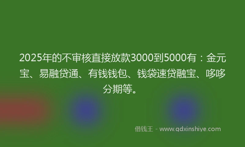 2025年的不审核直接放款3000到5000有：金元宝、易融贷通、有钱钱包、钱袋速贷融宝、哆哆分期等。