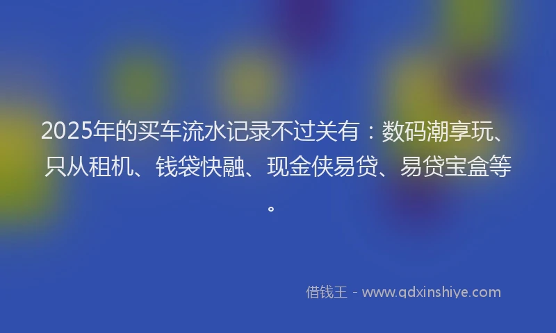 2025年的买车流水记录不过关有：数码潮享玩、只从租机、钱袋快融、现金侠易贷、易贷宝盒等。