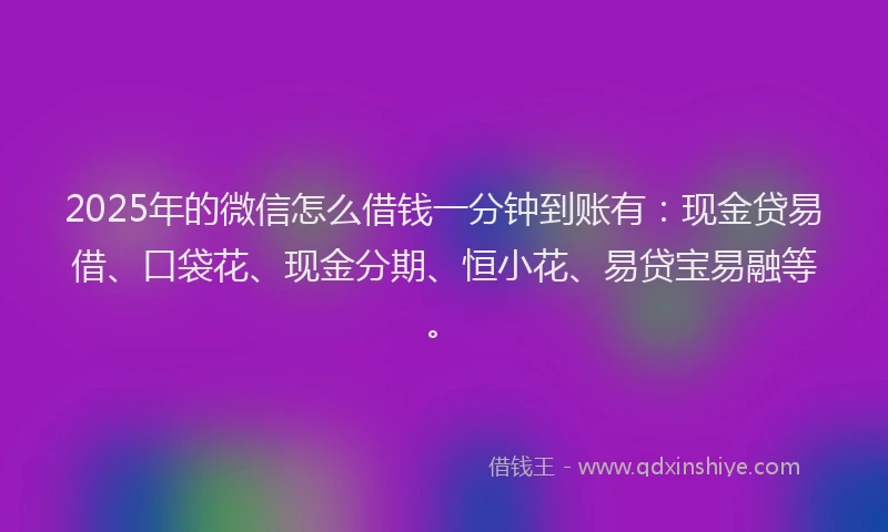 2025年的微信怎么借钱一分钟到账有：现金贷易借、口袋花、现金分期、恒小花、易贷宝易融等。