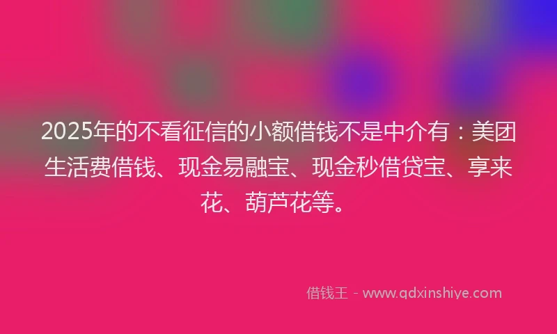 2025年的不看征信的小额借钱不是中介有：美团生活费借钱、现金易融宝、现金秒借贷宝、享来花、葫芦花等。