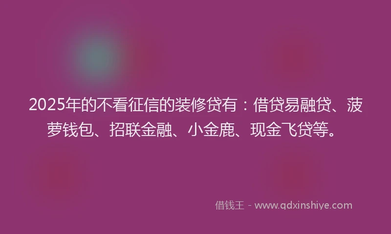 2025年的不看征信的装修贷有：借贷易融贷、菠萝钱包、招联金融、小金鹿、现金飞贷等。