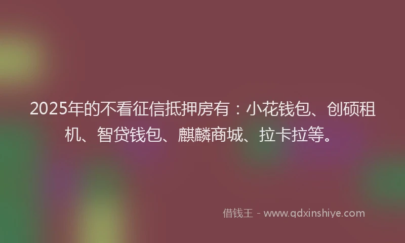 2025年的不看征信抵押房有：小花钱包、创硕租机、智贷钱包、麒麟商城、拉卡拉等。