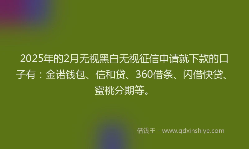 2025年的2月无视黑白无视征信申请就下款的口子有：金诺钱包、信和贷、360借条、闪借快贷、蜜桃分期等。