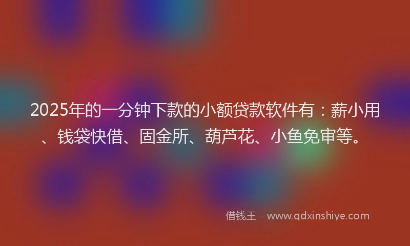 2025年的一分钟下款的小额贷款软件有：薪小用、钱袋快借、固金所、葫芦花、小鱼免审等。