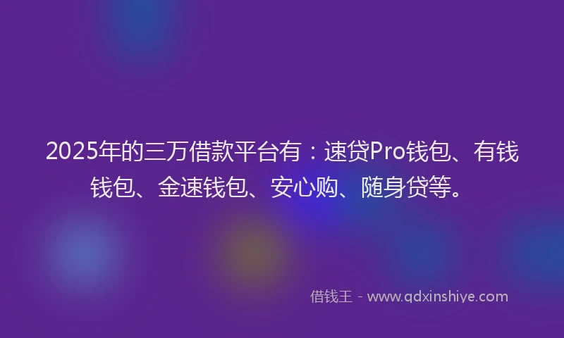 2025年的三万借款平台有：速贷Pro钱包、有钱钱包、金速钱包、安心购、随身贷等。