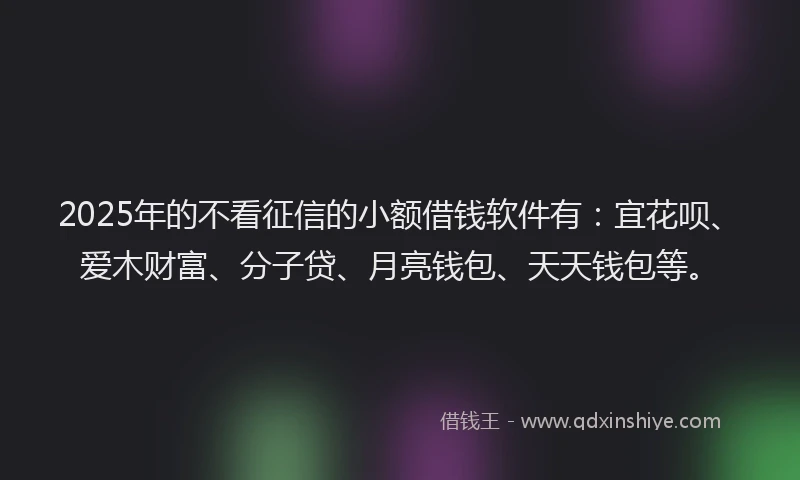 2025年的不看征信的小额借钱软件有：宜花呗、爱木财富、分子贷、月亮钱包、天天钱包等。