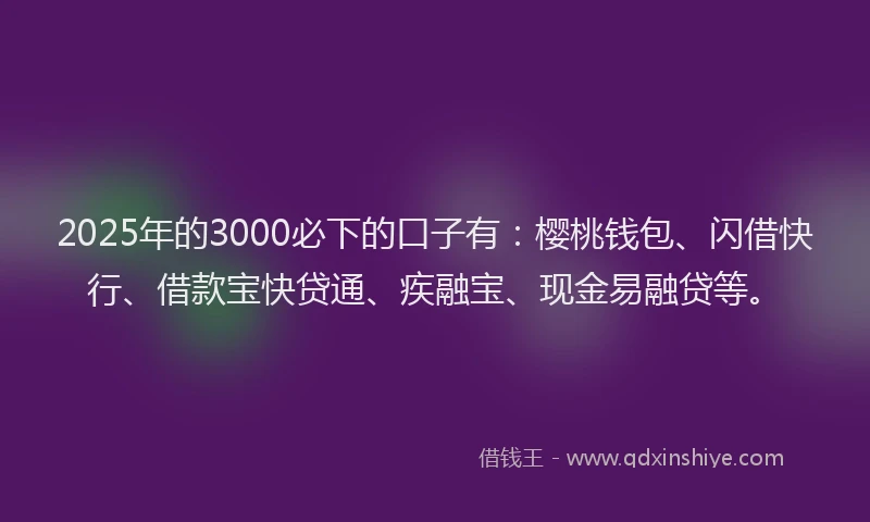 2025年的3000必下的口子有：樱桃钱包、闪借快行、借款宝快贷通、疾融宝、现金易融贷等。