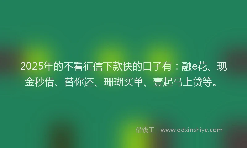 2025年的不看征信下款快的口子有：融e花、现金秒借、替你还、珊瑚买单、壹起马上贷等。