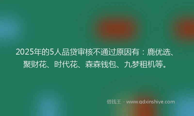 2025年的5人品贷审核不通过原因有：鹿优选、聚财花、时代花、森森钱包、九梦租机等。
