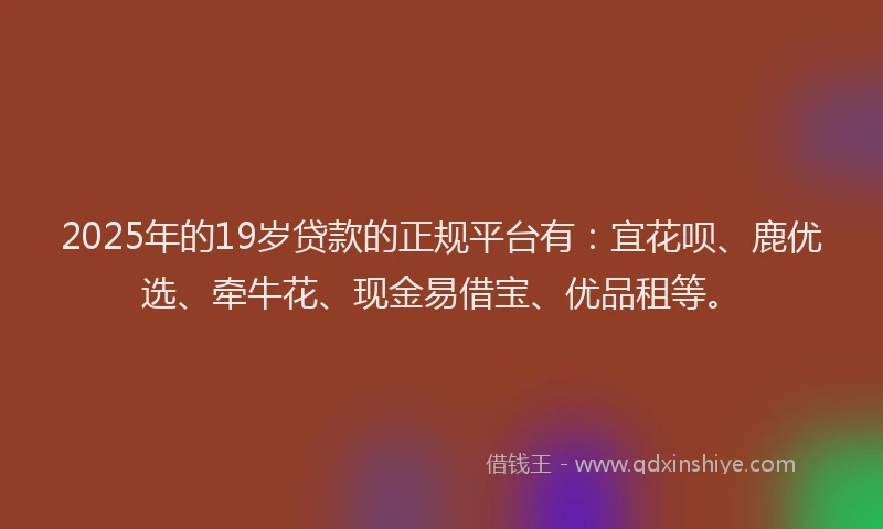 2025年的19岁贷款的正规平台有：宜花呗、鹿优选、牵牛花、现金易借宝、优品租等。