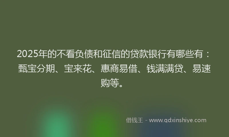2025年的不看负债和征信的贷款银行有哪些有：甄宝分期、宝来花、惠商易借、钱满满贷、易速购等。