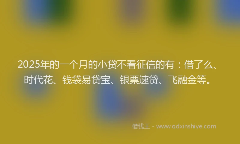 2025年的一个月的小贷不看征信的有：借了么、时代花、钱袋易贷宝、银票速贷、飞融金等。