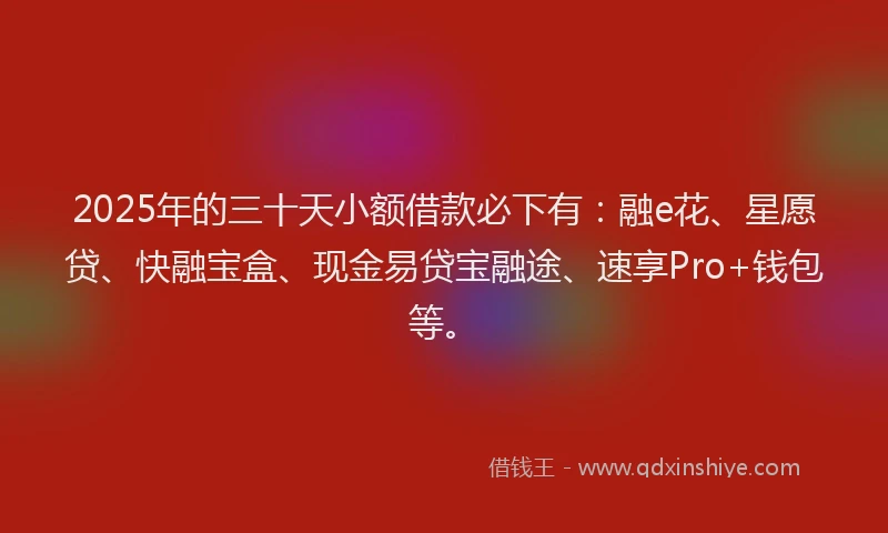 2025年的三十天小额借款必下有：融e花、星愿贷、快融宝盒、现金易贷宝融途、速享Pro+钱包等。