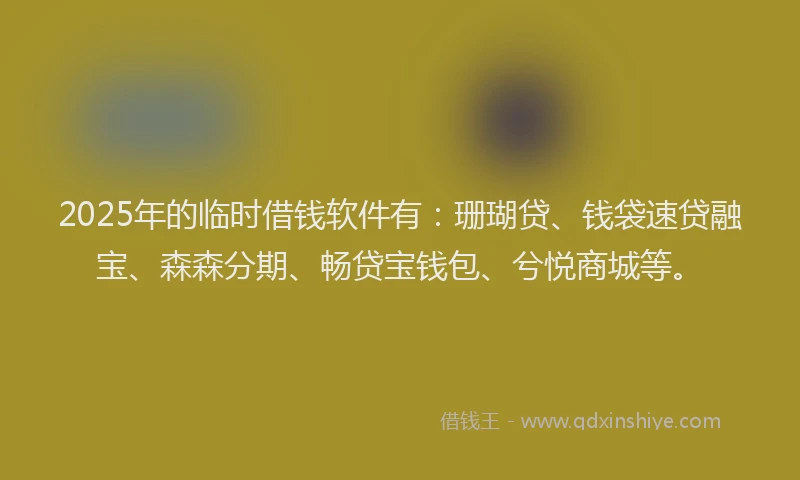 2025年的临时借钱软件有：珊瑚贷、钱袋速贷融宝、森森分期、畅贷宝钱包、兮悦商城等。