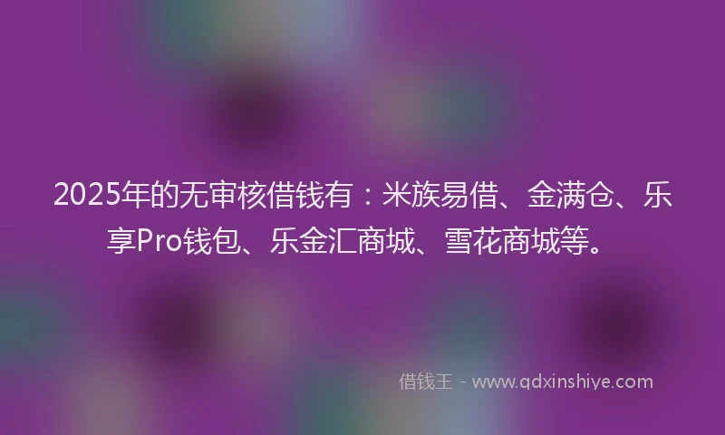 2025年的无审核借钱有：米族易借、金满仓、乐享Pro钱包、乐金汇商城、雪花商城等。