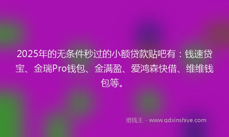2025年的无条件秒过的小额贷款贴吧有：钱速贷宝、金瑞Pro钱包、金满盈、爱鸿森快借、维维钱包等。