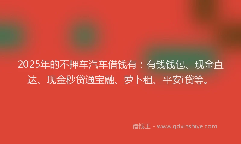 2025年的不押车汽车借钱有：有钱钱包、现金直达、现金秒贷通宝融、萝卜租、平安i贷等。