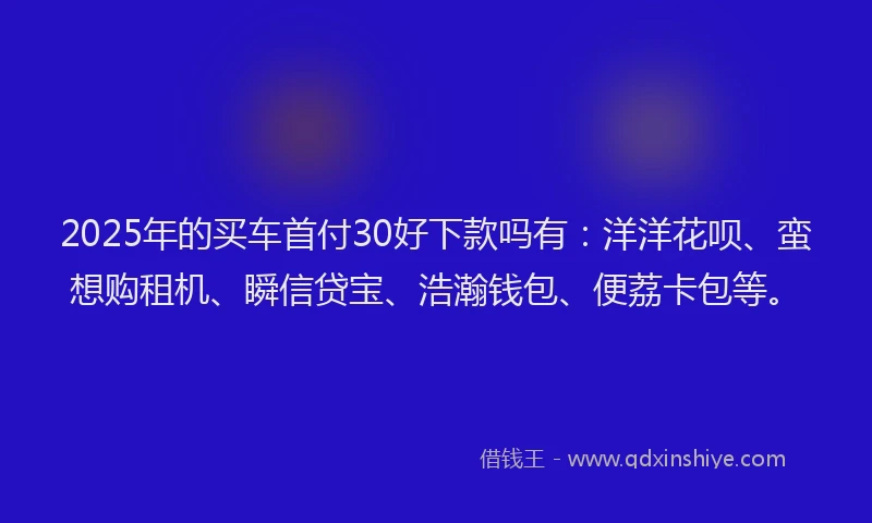 2025年的买车首付30好下款吗有：洋洋花呗、蛮想购租机、瞬信贷宝、浩瀚钱包、便荔卡包等。