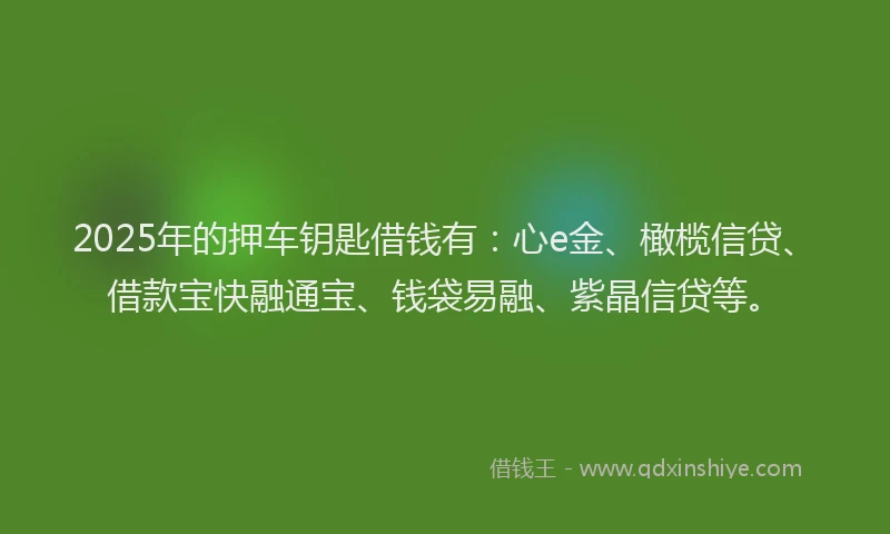 2025年的押车钥匙借钱有：心e金、橄榄信贷、借款宝快融通宝、钱袋易融、紫晶信贷等。