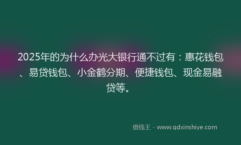 2025年的为什么办光大银行通不过有：惠花钱包、易贷钱包、小金鹤分期、便捷钱包、现金易融贷等。