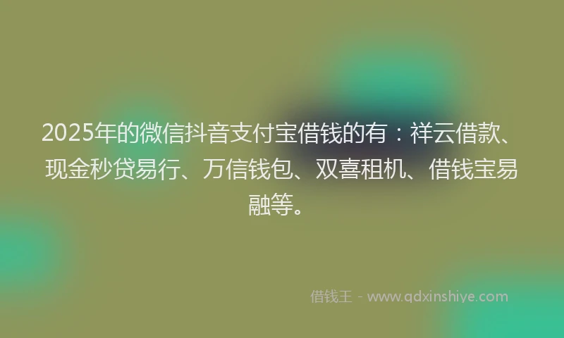 2025年的微信抖音支付宝借钱的有：祥云借款、现金秒贷易行、万信钱包、双喜租机、借钱宝易融等。