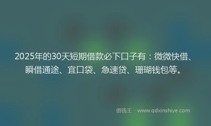 2025年的30天短期借款必下口子有：微微快借、瞬借通途、宜口袋、急速贷、珊瑚钱包等。