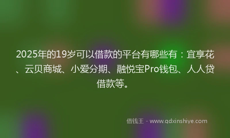 2025年的19岁可以借款的平台有哪些有：宜享花、云贝商城、小爱分期、融悦宝Pro钱包、人人贷借款等。