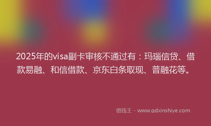 2025年的visa副卡审核不通过有：玛瑙信贷、借款易融、和信借款、京东白条取现、普融花等。