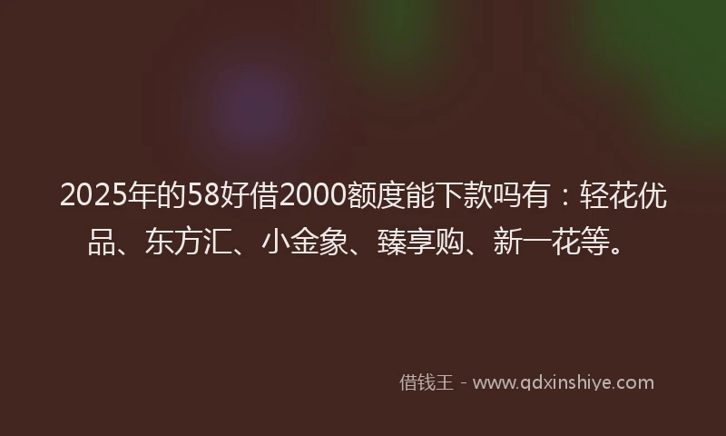 2025年的58好借2000额度能下款吗有：轻花优品、东方汇、小金象、臻享购、新一花等。