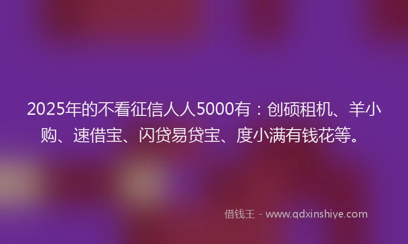 2025年的不看征信人人5000有：创硕租机、羊小购、速借宝、闪贷易贷宝、度小满有钱花等。