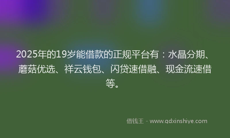 2025年的19岁能借款的正规平台有：水晶分期、蘑菇优选、祥云钱包、闪贷速借融、现金流速借等。