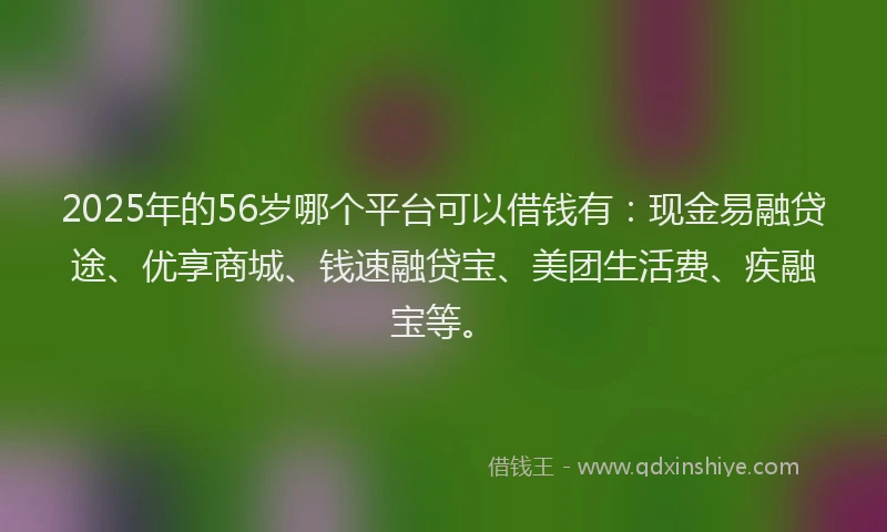 2025年的56岁哪个平台可以借钱有：现金易融贷途、优享商城、钱速融贷宝、美团生活费、疾融宝等。