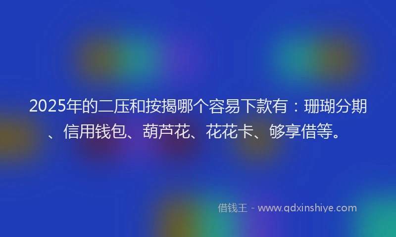 2025年的二压和按揭哪个容易下款有：珊瑚分期、信用钱包、葫芦花、花花卡、够享借等。