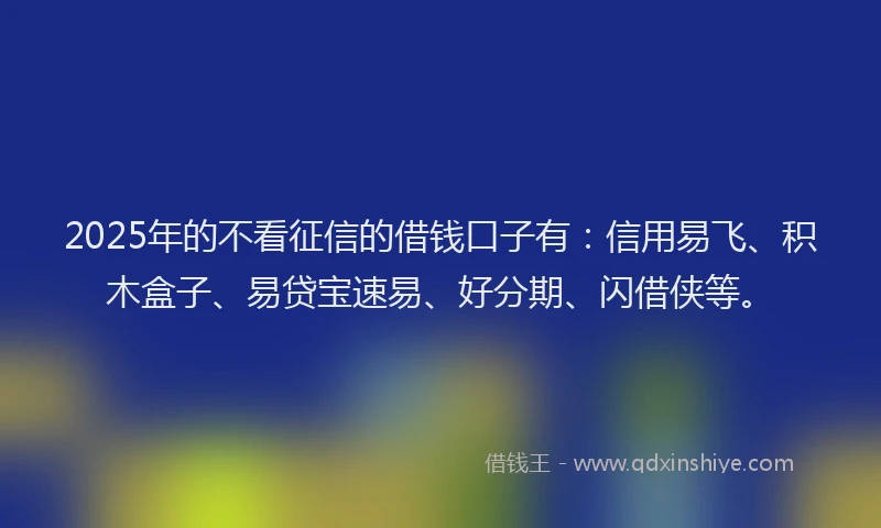 2025年的不看征信的借钱口子有：信用易飞、积木盒子、易贷宝速易、好分期、闪借侠等。