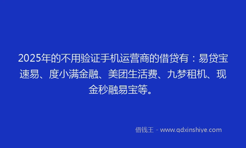 2025年的不用验证手机运营商的借贷有：易贷宝速易、度小满金融、美团生活费、九梦租机、现金秒融易宝等。
