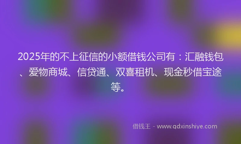 2025年的不上征信的小额借钱公司有：汇融钱包、爱物商城、信贷通、双喜租机、现金秒借宝途等。