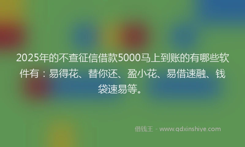 2025年的不查征信借款5000马上到账的有哪些软件有：易得花、替你还、盈小花、易借速融、钱袋速易等。