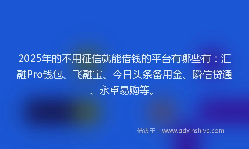 2025年的不用征信就能借钱的平台有哪些有：汇融Pro钱包、飞融宝、今日头条备用金、瞬信贷通、永卓易购等。