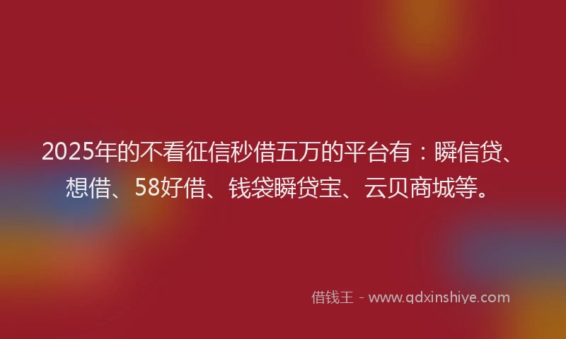 2025年的不看征信秒借五万的平台有：瞬信贷、想借、58好借、钱袋瞬贷宝、云贝商城等。