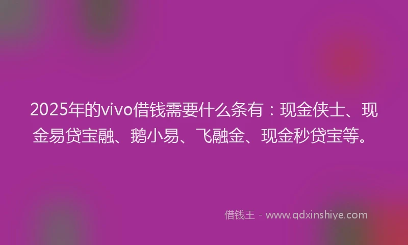 2025年的vivo借钱需要什么条有：现金侠士、现金易贷宝融、鹅小易、飞融金、现金秒贷宝等。