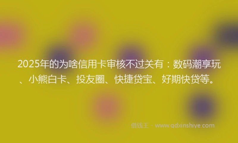 2025年的为啥信用卡审核不过关有：数码潮享玩、小熊白卡、投友圈、快捷贷宝、好期快贷等。