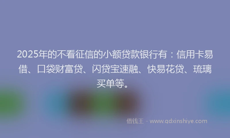 2025年的不看征信的小额贷款银行有：信用卡易借、口袋财富贷、闪贷宝速融、快易花贷、琉璃买单等。