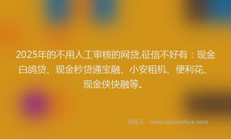 2025年的不用人工审核的网贷,征信不好有：现金白鸽贷、现金秒贷通宝融、小安租机、便利花、现金侠快融等。
