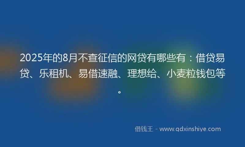2025年的8月不查征信的网贷有哪些有：借贷易贷、乐租机、易借速融、理想给、小麦粒钱包等。