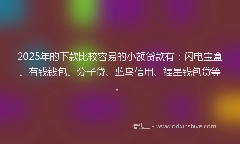 2025年的下款比较容易的小额贷款有：闪电宝盒、有钱钱包、分子贷、蓝鸟信用、福星钱包贷等。