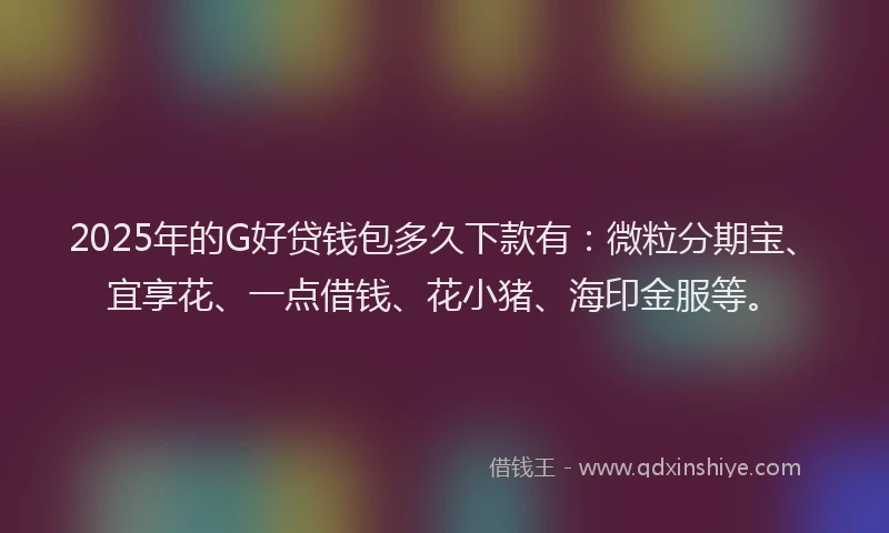 2025年的G好贷钱包多久下款有：微粒分期宝、宜享花、一点借钱、花小猪、海印金服等。