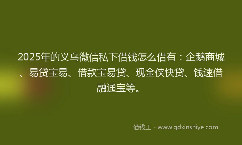2025年的义乌微信私下借钱怎么借有：企鹅商城、易贷宝易、借款宝易贷、现金侠快贷、钱速借融通宝等。