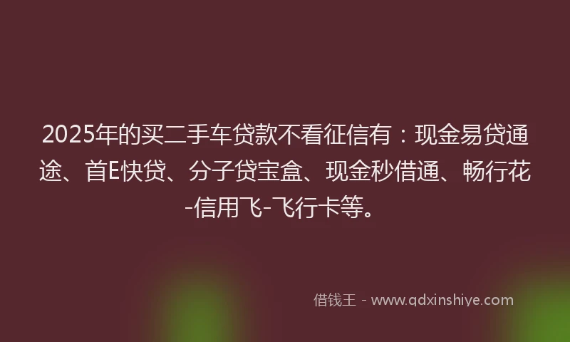 2025年的买二手车贷款不看征信有：现金易贷通途、首E快贷、分子贷宝盒、现金秒借通、畅行花-信用飞-飞行卡等。