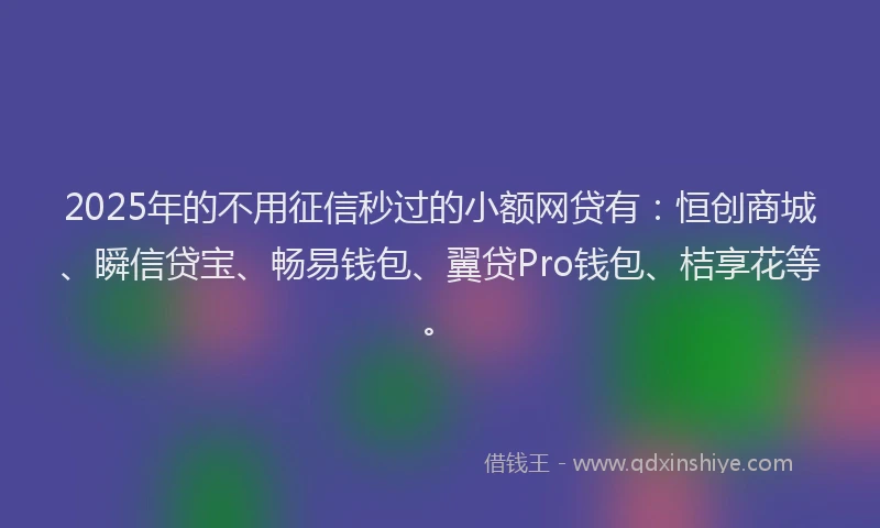 2025年的不用征信秒过的小额网贷有：恒创商城、瞬信贷宝、畅易钱包、翼贷Pro钱包、桔享花等。